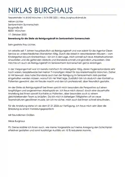 bewerbung reinigungskraft muster