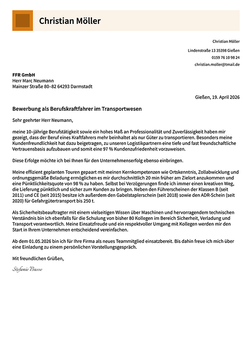 muster bewerbung fahrer