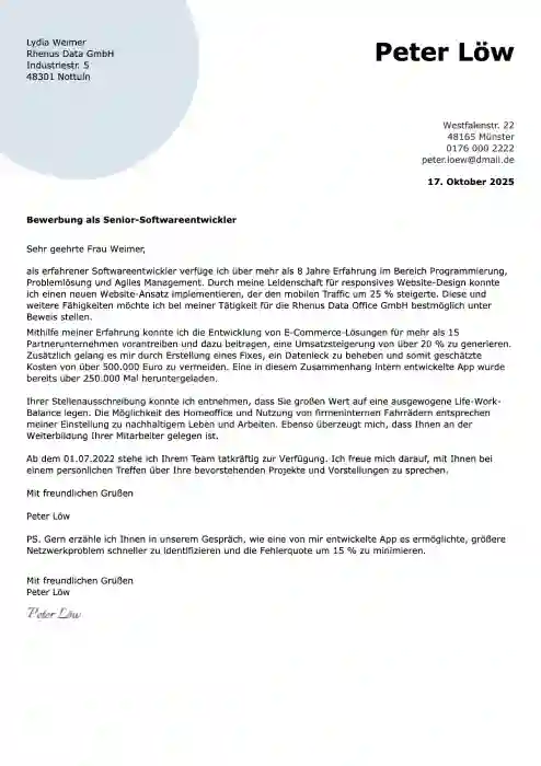 Bewerbung softwareentwickler muster