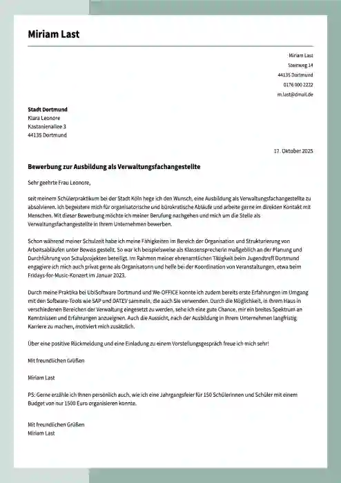 muster bewerbung verwaltungsfachangestellte