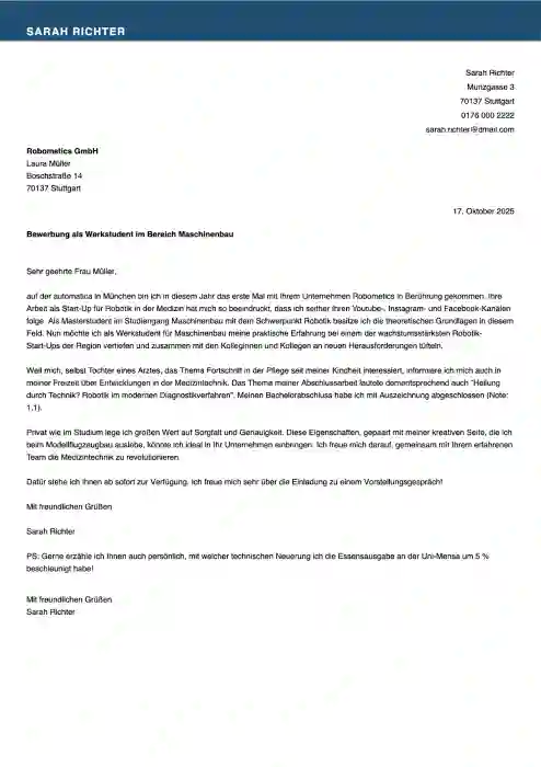 werkstudent bewerbung muster