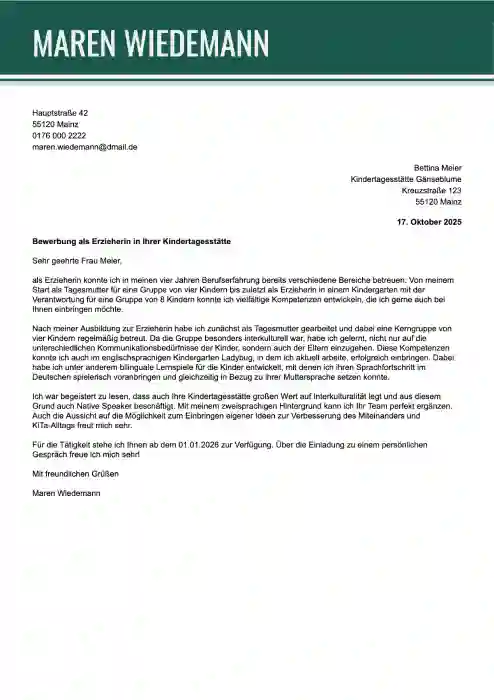 bewerbung erzieherin muster
