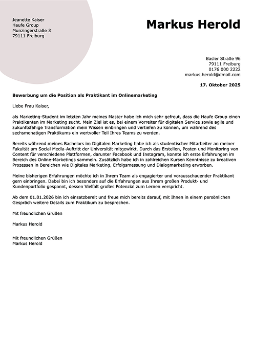 praktikum bewerbung muster