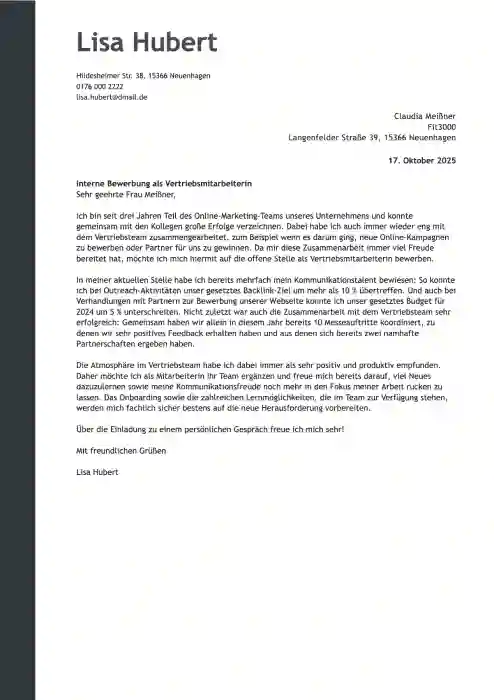 muster interne bewerbung
