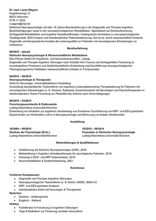 Lebenslauf als Neuropsychologe