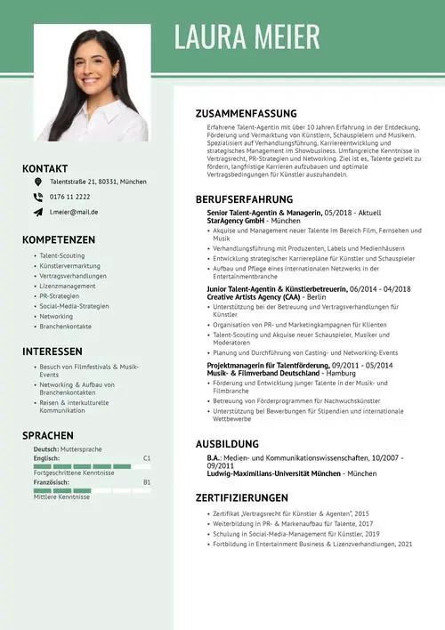 Lebenslauf als Talent-Agent